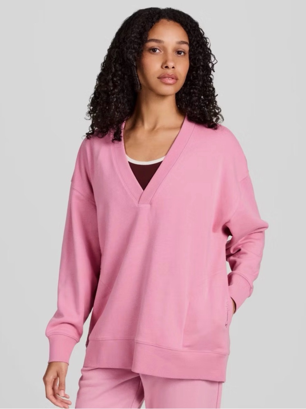 Champion Gameday Deep V Tunic  French Terry Pullover Cosmic Pink Size XS NWT